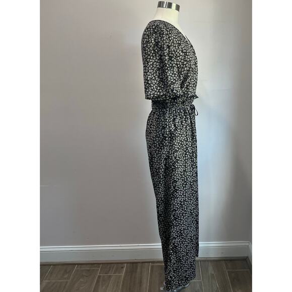 By Clara Paris Black White Floral Jumpsuit Wide Leg Romper Size L Boho - Picture 2 of 8